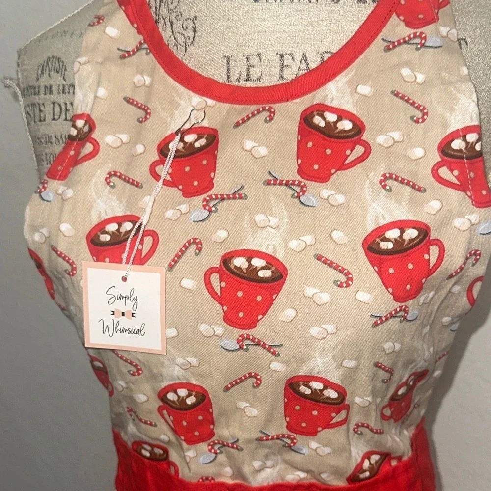 Simply Whimsical Christmas Hot Cocoa Cotton Apron Red Tan Pom Pom Trim NWT